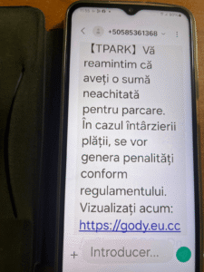 SGU PLOIEȘTI atrage  atenția asupra existenței unor mesaje SMS frauduloase transmise de pe numere necunoscute, prin care destinatarii sunt informați în mod fals că ar avea de achitat presupuse datorii pentru servicii de parcare